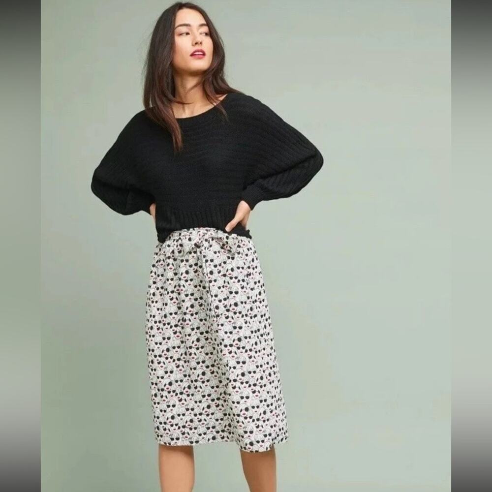 Porridge Anthropologie Graphic Getaway Face Print Midi Skirt Red Lips Size XS